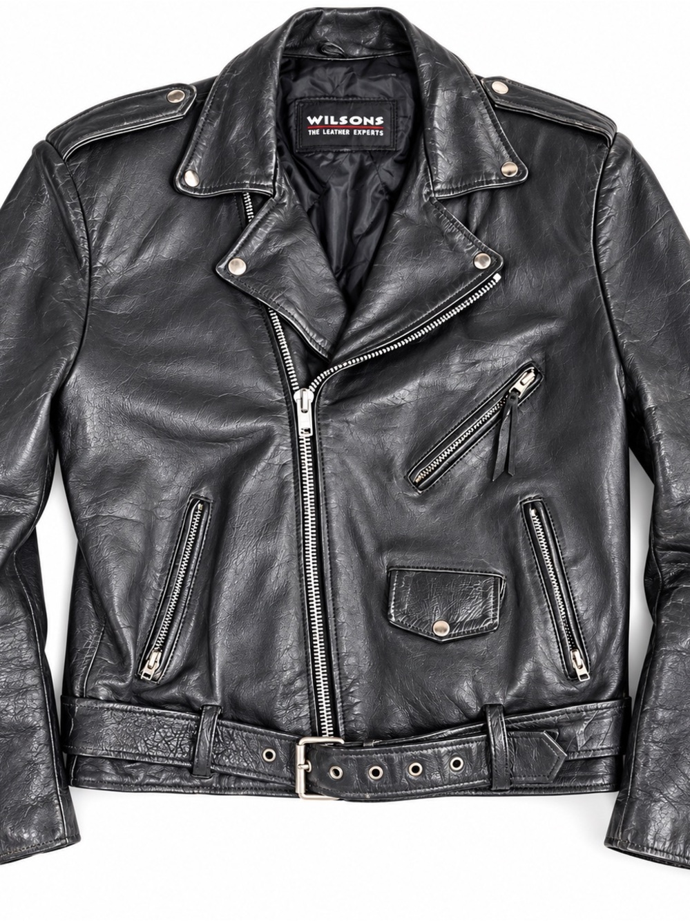 Vintage Wilsons Black Leather Motorcycle Biker Jacket – Belted Moto Style